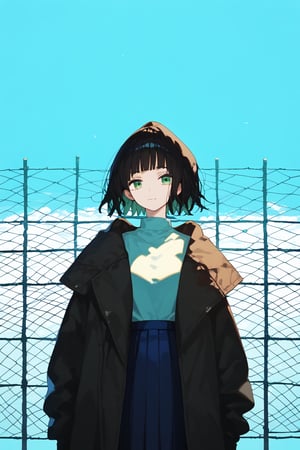 solo,1girl,short-hair,bangs,skirt,shirt,black hair, long sleeves, green eyes, standing,jacket, upper_body, pleated_skirt, outdoors, open clothes, hood, blunt bangs, black jacket, fence,


,Nira-Chan,Colorful art,Vivid Colors,spot_colors, score_9, score_8, score_7, score_6