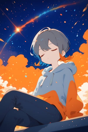 ,solo,1girl,short-hair,multicolor_hair,two-tone-hair,(grey_hair),orange_hair,bangs,cowboy_shot,grey_hoodie,pants,dutch_angle,from_below,night,sitting,orange_eyes,particles,orange sky,background detail,sleeping,


,Nira-Chan,Colorful art,Vivid Colors,spot_colors, score_9, score_8, score_7, score_6