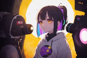 (Original Character, Highest Quality, Amazing Details:1.25),Volumetric Lighting, Best Shadows, Shallow Depth of Field,solo,1girl,

, yellow eyes, black hair, colorful_hair,upper_body,sweater,space,stars,void,
,hanabushi,