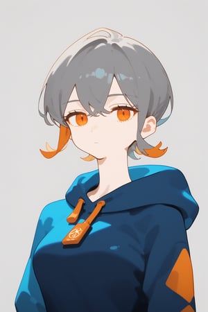 solo,1girl ,expressionless,((grey background, simple background)), upper_body,Nira-Chan,
, short-hair,multicolor_hair,two-tone-hair,(grey_hair),orange_hair,bangs,cowboy_shot,grey_hoodie,pants,orange_eyes, watercolor,score_9_up,score_8_up, source_anime,