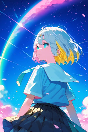 ,solo,1girl, short-hair, multicolor_hair, two-tone-hair, (white_hair), yellow_hair, bangs, night, particles, pink sky, background detail, skirt, pleated_skirt, shirt,   necktie, short sleeves, school uniform,


,Nira-Chan,Colorful art,Vivid Colors,spot_colors, score_9, score_8, score_7, score_6