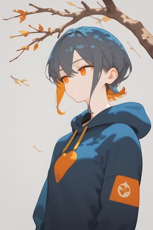 solo,1girl ,expressionless,((grey background, simple background)), upper_body,Nira-Chan,
, short-hair,multicolor_hair,two-tone-hair,(grey_hair),orange_hair,bangs,cowboy_shot,grey_hoodie,pants,orange_eyes, watercolor,tree,branches,score_9_up,score_8_up, source_anime,