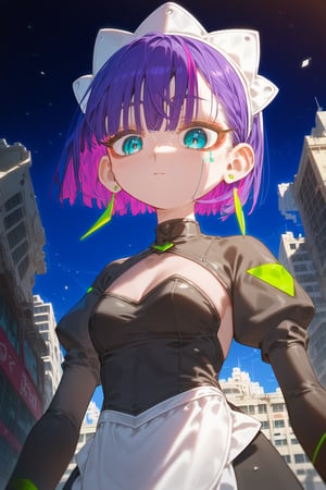 score_9_up,score_8_up, source_anime,solo,1girl, short hair, gloves, purple hair, multicolored hair, black gloves, maid headdress, earrings, dutch_angle,standing, from below,abandoned city, Nira-Chan