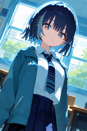 solo,1girl, short hair, closed mouth, collared_shirt,white_shirt,tie,school,dutch_angle,skirt,pleated_skirt, room, school,jacket,


,Nira-Chan,Colorful art,Vivid Colors,spot_colors, score_9, score_8, score_7, score_6