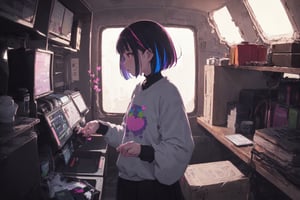 (Original Character, Highest Quality, Amazing Details:1.25),Volumetric Lighting, Best Shadows, Shallow Depth of Field,solo,1girl,

,colorful_hair,sweater,space,stars,void,
,hanabushi,vanishing point,atmospheric perspective, dutch angle,three quarter view,hearts