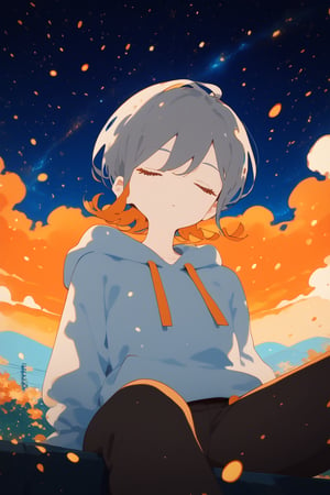 ,solo,1girl,short-hair,multicolor_hair,two-tone-hair,(grey_hair),orange_hair,bangs,cowboy_shot,grey_hoodie,pants,dutch_angle,from_below,night,sitting,orange_eyes,particles,orange sky,background detail,sleeping,


,Nira-Chan,Colorful art,Vivid Colors,spot_colors, score_9, score_8, score_7, score_6