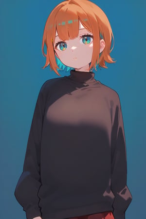 score_9_up,score_8_up, source_anime,solo,1girl

 Orange hair,expressionless,one_hand_raised,Nira-Chan-StudyMe,red skirt,black sweater,cyan background,