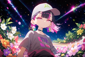 solo,1girl, dutch angle,night,flowers,short hair, blunt bangs, black hair, closed mouth, pink eyes, purple hair, multicolored hair, two-tone hair,half closed eyes, cowboy_shot ,Nira-Chan-StudyMe,shirt, short sleeves, grey_shirt, choker,earring,baseball cap,black_cap,from_below,particles,background detail,

,Nira-Chan,Colorful art,Vivid Colors,spot_colors, masterpiece, best quality, amazing quality, very aesthetic, absurdres, depth of field, score_9, score_8, score_7, score_6, Nira-Chan-StudyMe