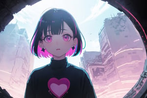 (Original Character, Highest Quality, Amazing Details:1.25),Volumetric Lighting, Best Shadows, Shallow Depth of Field,solo,1girl,

,colorful_hair,sweater,space,stars,void,
,hanabushi,vanishing point,atmospheric perspective, dutch angle,three quarter view,hearts,looking_at_viewer,love,