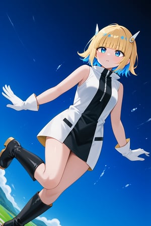 score_9_up,score_8_up, source_anime,solo,1girl,short-hair,blonde hair,blue hair,multicolored hair,two-tone hair,gloves,standing,sleeveless,white gloves,blue eyes,bangs,blunt_bangs,short dress,falling,knee boots,black footwear,boots,dutch_angle,emotionless,Nira-Chan