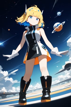 solo,1girl,short-hair,blonde hair,blue hair,multicolored hair,two-tone hair,gloves,standing,sleeveless,white gloves,blue eyes,bangs,blunt_bangs,short dress,knee boots,black footwear,boots,dutch_angle,emotionless,outer_space,

,Nira-Chan, flat style, Colorful art, Vivid Colors,spot_colors, masterpiece, best quality, amazing quality, very aesthetic, absurdres, depth of field, score_9, score_8, score_7, score_6,SelectiveColorStyle