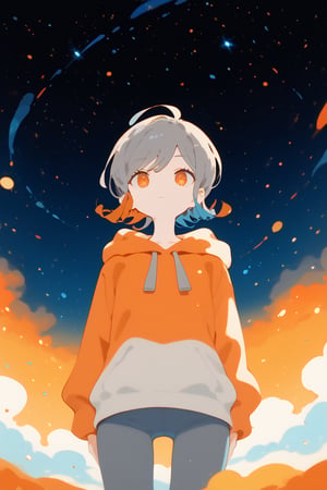 ,solo,1girl,short-hair,multicolor_hair,two-tone-hair,(grey_hair),orange_hair,bangs,cowboy_shot,grey_hoodie,pants,dutch_angle,from_below,night,orange_eyes,particles,orange sky,background detail,standing,


,Nira-Chan,Colorful art,Vivid Colors,spot_colors, score_9, score_8, score_7, score_6