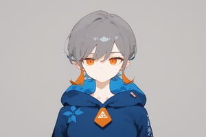 solo,1girl ,expressionless,((grey background, simple background)), upper_body,Nira-Chan,
, short-hair,multicolor_hair,two-tone-hair,(grey_hair),orange_hair,bangs,cowboy_shot,hoodie,pants,orange_eyes, watercolor,score_9_up,score_8_up, source_anime,