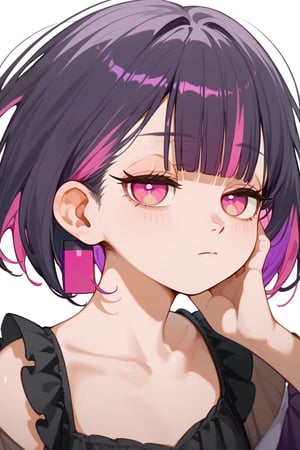 score_9_up,score_8_up, source_anime, (solo),1girl,simple_background,purple_background,

 ,short hair, blunt bangs, black hair, closed mouth, pink eyes, purple hair, multicolored hair, two-tone hair,half closed eyes,

,Nira-Chan-StudyMe,