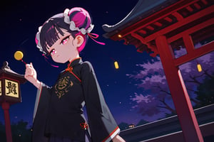 score_9_up,score_8_up, source_anime, (solo),1girl, vanishing point,atmospheric perspective, dutch angle,three quarter view,night,

 ,short hair, blunt bangs, black hair, closed mouth, pink eyes, purple hair, multicolored hair, two-tone hair,half closed eyes,skinny,hair_bun,double bun,chinese clothes,wide sleeves,pleated skirt,long sleeves,(shirt,black shirt),skirt,dress,


,Nira-Chan-StudyMe,