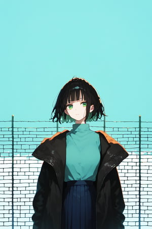 solo,1girl,short-hair,bangs,skirt,shirt,black hair, long sleeves, green eyes, standing,jacket, upper_body, pleated_skirt, outdoors, open clothes, hood, blunt bangs, black jacket, fence,


,Nira-Chan,Colorful art,Vivid Colors,spot_colors, score_9, score_8, score_7, score_6