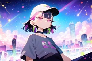 solo,1girl, dutch angle,night,city,short hair, blunt bangs, black hair, closed mouth, pink eyes, purple hair, multicolored hair, two-tone hair,half closed eyes, cowboy_shot ,Nira-Chan-StudyMe,shirt, short sleeves, grey_shirt, choker,earring,baseball cap,black_cap,from_below,particles,blue sky,background detail,

,Nira-Chan,Colorful art,Vivid Colors,spot_colors, score_9, score_8, score_7, score_6, Nira-Chan-StudyMe