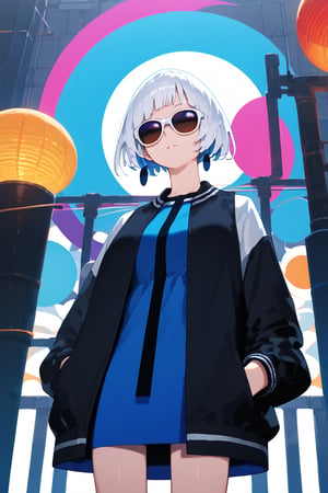 solo,1girl,short-hair,bangs,long_sleeves,blue_dress,short_dress,standing,jacket,white_hair,blunt_bangs,black_jacket,sunglasses,cowboy_shot,dutch_angle,


,Nira-Chan,Colorful art,Vivid Colors,spot_colors, score_9, score_8, score_7, score_6