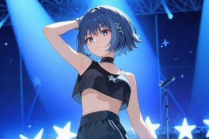 score_9_up,score_8_up, source_anime,solo,1girl, , short hair, closed mouth, blue hair, crop top,black crop top,star_(symbol),Nira-Chan,stage,concert,pants