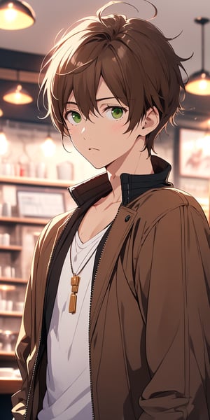 1boy, masterpiece, incredibly absurdress, best quality, an art of a handsome and attractive boy, in a cafe, (upper body shot), (short scruffy brown hair:1.5), (green eyes), perfect body, wallpaper, cool jacket