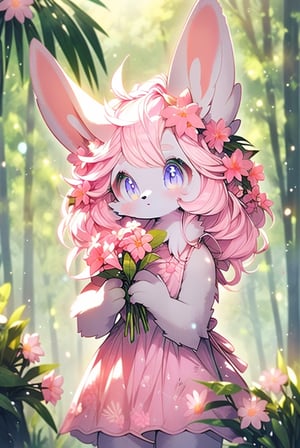 cute pink rabbit furry girl, furry female, long rabbit ears, pink hair,  white skin, in forest, looking at viewer, smile, closed mouth, flowers, slightly above, furry, pink dress, sleeveless
