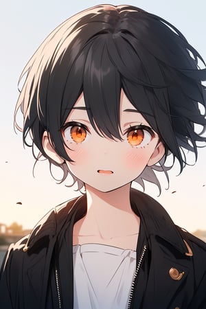 1boy, absurdres, an art of an androgynous and cute male child, (very short black scruffy hair:1.5), orange eyes, jacket, upper body shot, looking at the viewer