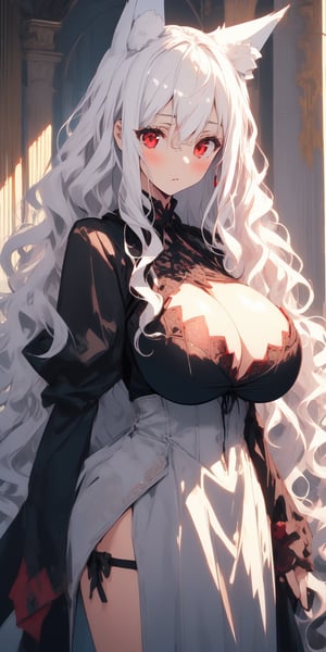 1girl, masterpiece, best quality, incredibly absurdres, a beautiful and tall wolf woman, (white wavy hair:1.5), red eyes, gorgeous body, (wolf ears:1.4), black gothic dress, big boobs, model shot, intricate details