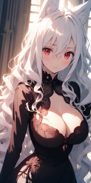 1girl, masterpiece, best quality, incredibly absurdres, a beautiful and tall wolf woman, (white wavy hair:1.5), red eyes, gorgeous body, (wolf ears:1.4), black gothic dress, big boobs, model shot, intricate details