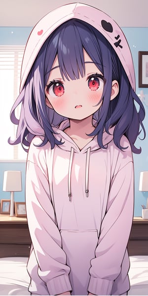 1girl, absurdres, a cute and adorable female child, long pastel blue wavy hair, bright red eyes, small hoodie, in a bedroom, infant, upper body shot