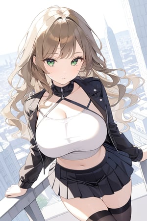 1girl, besutiful wavy brown hair, black and white croptop with jacket, short skirt, reen eyes, upper body shot, masterpiece, best quality, in a city, beautiful city view, big_breasts, thighhighs