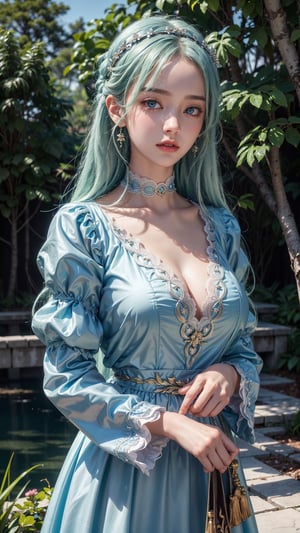 (8k, RAW photo, photorealistic:1.25), (huge breasts), (highly detailed Caucasian skin:1.2) , (1girl, solo, long hair, looking at viewer, blue eyes, long sleeves, dress, upper body, hairband, green hair, puffy sleeves, belt, juliet sleeves, retro artstyle), A close up of the person, well sunlit, outdoor, ulzzang, ((looking at viewer)), Serene and goddess-like