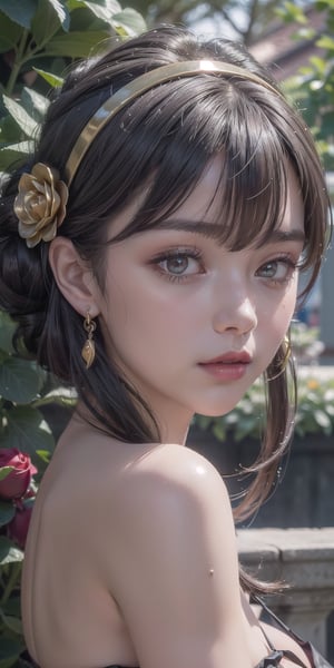 (8k, RAW photo, photorealistic:1.25), (huge breasts), (highly detailed Caucasian skin:1.2), (1girl, solo, long hair, breasts, looking at viewer, bangs, large breasts, black hair, hair ornament, red eyes, dress, cleavage, bare shoulders, jewelry, upper body, flower, sidelocks, hairband, earrings, parted lips, hair flower, black dress, lips, makeup, rose, lipstick, short hair with long locks, red lips, gold earrings, hair bun, gold hairband, yor briar), A close up of the person, well lit, outdoor, ulzzang, ((looking at viewer)), Serene and goddess-like,bbyorf