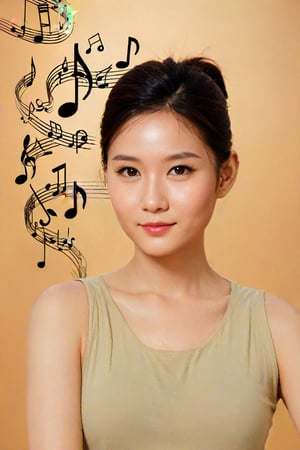 vnfacemodel,vietnamsese,(((musical notes in the air. sound waves. musical staff. woman who exudes elegance))), 3/4 length portrait, inspired by electric expressionism with swirls, embodied within electrical art, (((musical notes. symphony))), by Dreamer, ultra-thin, Very detailed