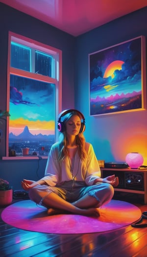 fine art, oil painting, amazing sky, . European Hippie Girl meditating in her room, dreaming, Wear headphones, night lights, Neon landscape on a rainy day, Analog Color Theme, Lo-Fi Hip Hop , retrospective, flat, Purity Portait