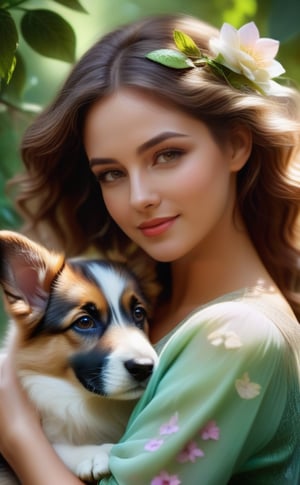 (best quality,4k,8k,highres,masterpiece:1.2),ultra-detailed,(realistic,photorealistic,photo-realistic:1.37),beautiful detailed brown curly hair,white woman,adorable German Shepherd puppy,feminine and captivating features,expressive eyes and lips,delicate facial features,ethereal garden setting,soft and vibrant colors,romantic and dreamy lighting,fine brushwork,detailed rendering of hair and fur,artistic illustration,paint strokes,harmonic composition,natural and organic elements,peaceful and serene atmosphere,tranquil mood,playful interaction between the woman and the puppy,tender bond and connection,carefree and joyful expression,subtle sunlight filtering through the leaves,dappled shadows,whispering breeze,floral patterns on the woman's dress and surroundings,lush vegetation,enchanted garden,overflowing with blossoming flowers and plants,thoughtful gaze and uplifting smile,freedom and happiness,harmony between nature and human existence.