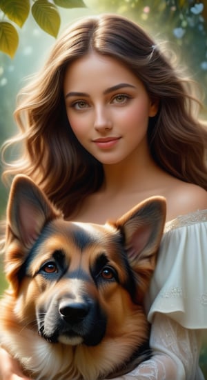 (best quality,4k,8k,highres,masterpiece:1.2),ultra-detailed,(realistic,photorealistic,photo-realistic:1.37),beautiful detailed brown curly hair,white woman,adorable German Shepherd puppy,feminine and captivating features,expressive eyes and lips,delicate facial features,ethereal garden setting,soft and vibrant colors,romantic and dreamy lighting,fine brushwork,detailed rendering of hair and fur,artistic illustration,paint strokes,harmonic composition,natural and organic elements,peaceful and serene atmosphere,tranquil mood,playful interaction between the woman and the puppy,tender bond and connection,carefree and joyful expression,subtle sunlight filtering through the leaves,dappled shadows,whispering breeze,floral patterns on the woman's dress and surroundings,lush vegetation,enchanted garden,overflowing with blossoming flowers and plants,thoughtful gaze and uplifting smile,freedom and happiness,harmony between nature and human existence.,more detail XL,Movie Poster