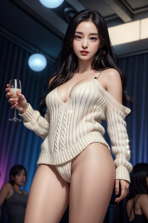  girl, (Oversized Sweaters:1.2), Sleeveless, cleavage, in nightclub, cheers, raise a toast, (preteen:0.2), (age 18-19, pretty girl:1.3), high nose, slim body, slender girl, correct anatomy, detailed bust, slim thighs, slim legs, small breast, little head, long hair, black hair, blu eyes, seductive style, NSFW, pussy, from below, 