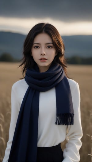 8k, best quality, masterpiece, realistic, ultra detail, photo realistic, Increase quality, a photo of a girl standing in a field with a scarf, in the style of dark and brooding designer, voluminous mass, photobash, serene faces, jagged edges, navy, natural beauty, close-up shot,xxmixgirl,more detail XL,photo r3al,FilmGirl,xxmix_girl