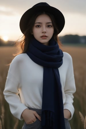 8k, best quality, masterpiece, realistic, ultra detail, photo realistic, Increase quality, a photo of a girl standing in a field with a scarf, in the style of dark and brooding designer, voluminous mass, photobash, serene faces, jagged edges, navy, natural beauty, close-up shot,xxmixgirl,more detail XL,photo r3al,FilmGirl,xxmix_girl