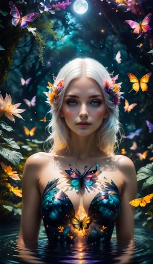 cinematic photo, 4k photo, extremely detail, fairy girl is  on the water,  beautiful , white hair, flowers explosion, anatomical plants, dark forest, grainy, shiny, with vibrant colors, colorful, ((realistic skin)), glow surreal objects floating, ((floating:1.4)), contrasting shadows, photographic,  soft lighting, fullmoon, midnight, incredible bokeh, medium_breast,short dress, transparent_clothing, (transparent_butterflies), closeup shot,
