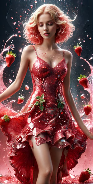 (biomorphism high fashion model), Biomorphic landscape, Delicate details, Splash art, concept art, hair color red and blond,  Strawberry juice,Wearing a dress with a biomorphism design,full body,  8k resolution blur, Broken  Glass effect,  ,Extremely Realistic,glitter