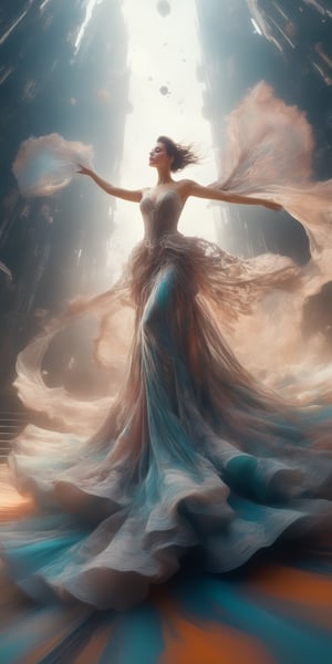 Wide angle abstract, (floating Sci-fi woman in gown defying gravity:1.2), Balanced composition, Elaborate lace design, (Thick brush strokes:1.3), Futuristic elements, Fluid movement, (Surreal environment:1.2), Vibrant hues, Shifting perspectives.