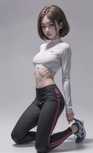 1  girl, slim ,full body view, showing front, small breasts, looking at viewer,  brown hair,  kneeling, nude, black short sport pants,  cropped long sleeve top, white background, 
