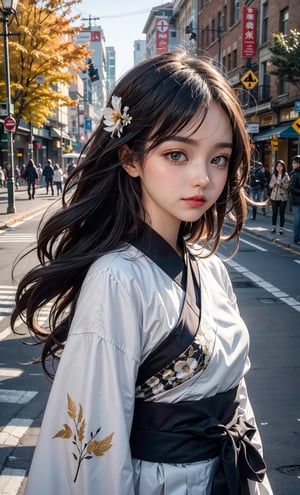 (8k, best quality, masterpiece:1.2),(best quality:1.0), (ultra highres:1.0), middle body shot, medium shot, a beautiful loli,  flowing hair by the wind, extremely luminous bright design, autumn lights,hanfu,midjourney