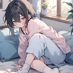 male, short_hair, blonde, pink_eyes, sleepy, boxer_briefs, pajama_top, socks,niji