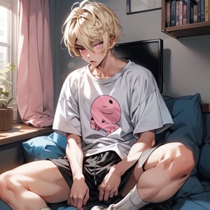 male, short_hair, blonde, pink_eyes, thick_brows, sleepy, briefs, baggy t-shirt,niji