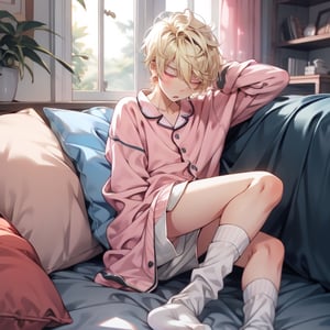 male, short_hair, blonde, pink_eyes, sleepy, boxer_briefs, pajama_top, socks,niji