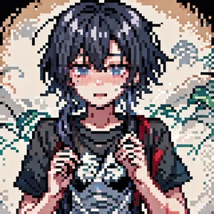 Pixel art, male, black_hair, loose_t-shirt, embarrased, blushing, sweating, mole, solo_focus,<lora:659111690174031528:1.0>