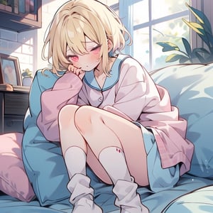 male, short_hair, blonde, pink_eyes, sleepy, boxer_briefs, pajama_top, socks,niji