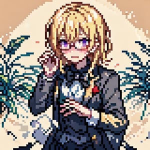 Pixel art, blonde, glasses, tuxedo, embarrassed, shy_pose, blushing, sweating,<lora:659111690174031528:1.0>